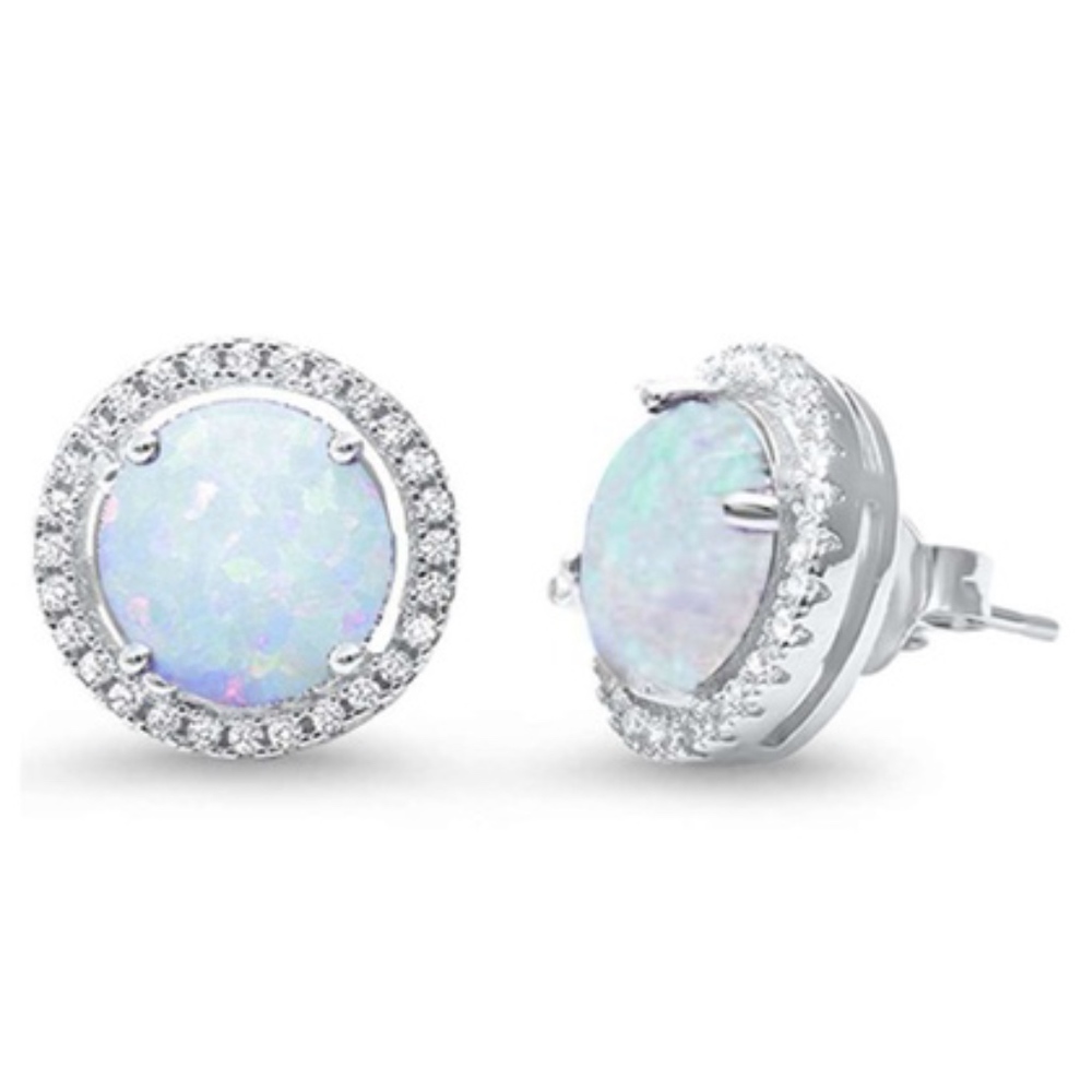 Trendy Halo Lab Created White Opal .925 Sterling